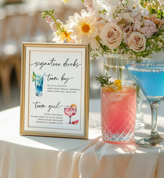 Signature drinks sign with cocktails on a table with flowers in the background. Team Girl Team Boy Drinks Menu Sign, Printable Minimalist Gender Reveal, Printable Baby Shower Signature Drinks Menu Sign, Couples Shower