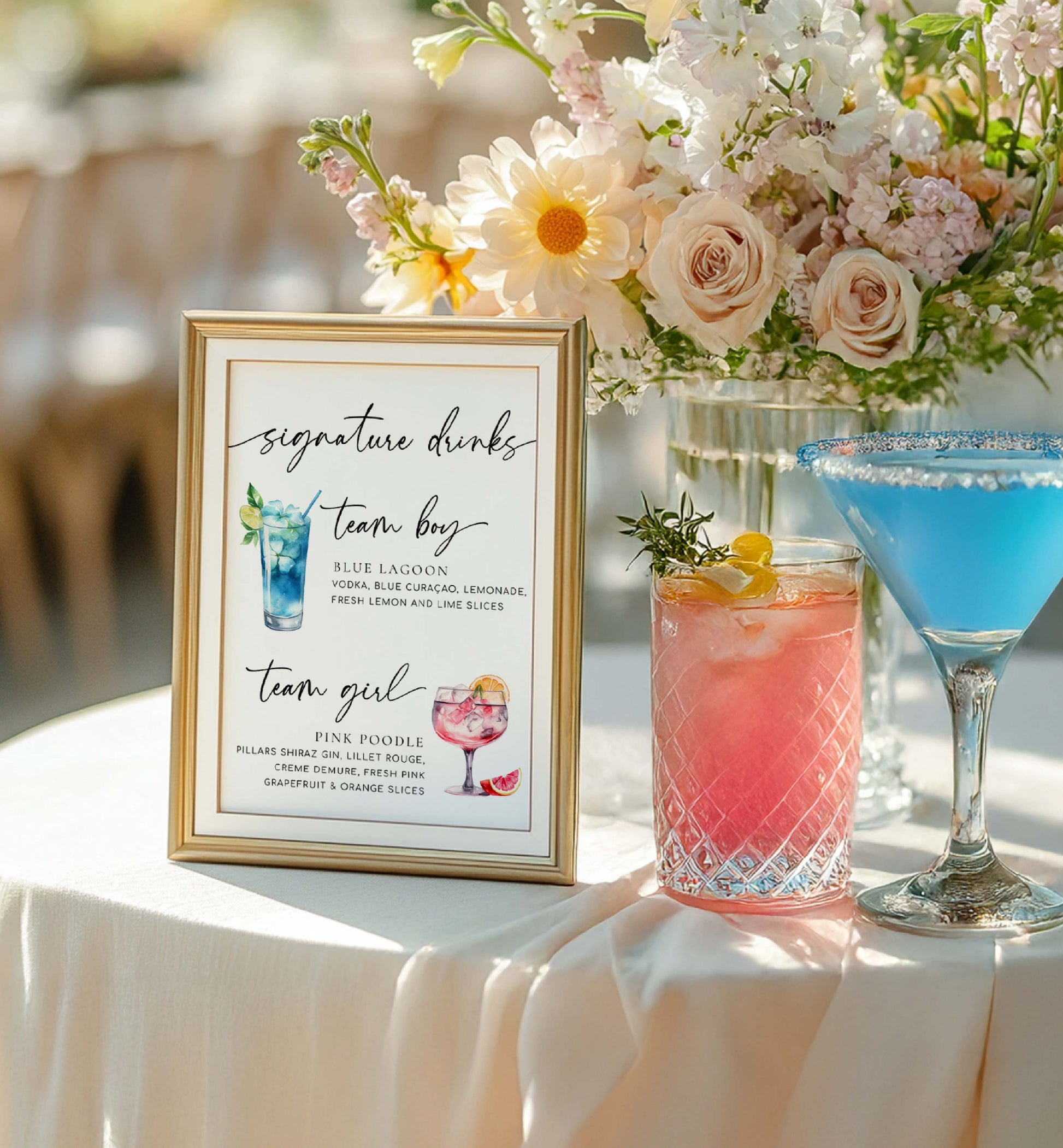 Table setting with cocktail signs, drinks, and flowers on a blurred background Team Girl Team Boy Drinks Menu Sign, Printable Minimalist Gender Reveal, Printable Baby Shower Signature Drinks Menu Sign, Couples Shower