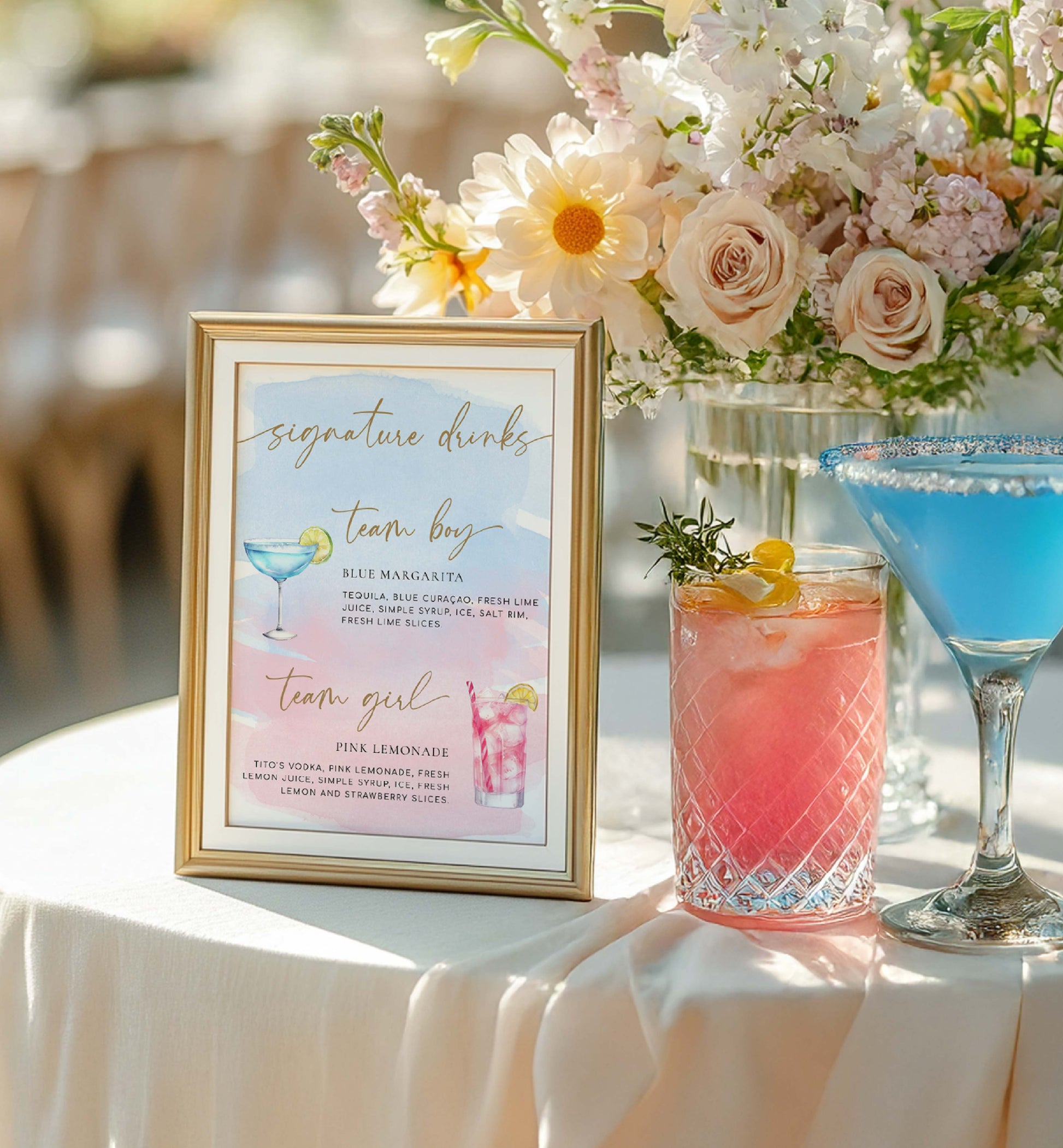 Table setting with cocktail glasses, floral arrangement, and a sign indicating 'signature drinks' for a baby shower. Team Girl Team Boy Drinks Menu Sign, Pink Blue Watercolour, Printable Baby Shower Menu Bar Sign, Couples Shower Drinks Sign, Mocktails Sign