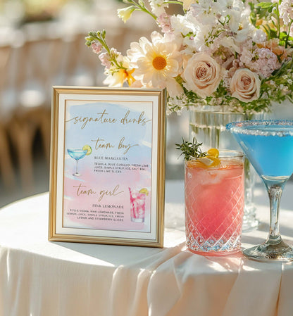 Table setting with cocktail glasses, floral arrangement, and a sign indicating 'signature drinks' for a baby shower. Team Girl Team Boy Drinks Menu Sign, Pink Blue Watercolour, Printable Baby Shower Menu Bar Sign, Couples Shower Drinks Sign, Mocktails Sign
