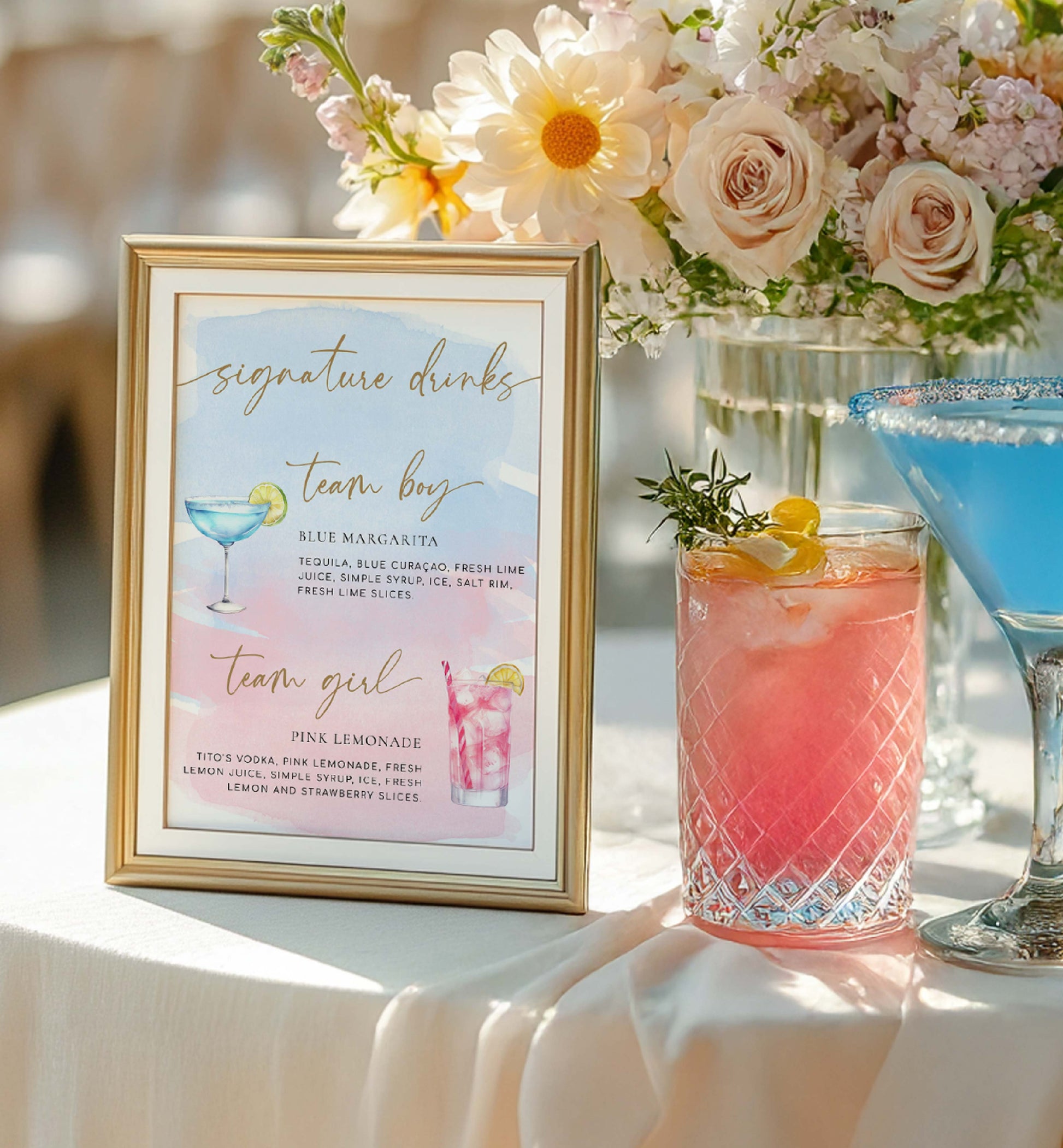 Signature drinks menu for a gender reveal party with cocktails and flowers. Team Girl Team Boy Drinks Menu Sign, Pink Blue Watercolour, Printable Baby Shower Menu Bar Sign, Couples Shower Drinks Sign, Mocktails Sign