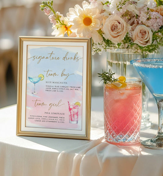 Signature drinks menu for a gender reveal party with cocktails and flowers. Team Girl Team Boy Drinks Menu Sign, Pink Blue Watercolour, Printable Baby Shower Menu Bar Sign, Couples Shower Drinks Sign, Mocktails Sign