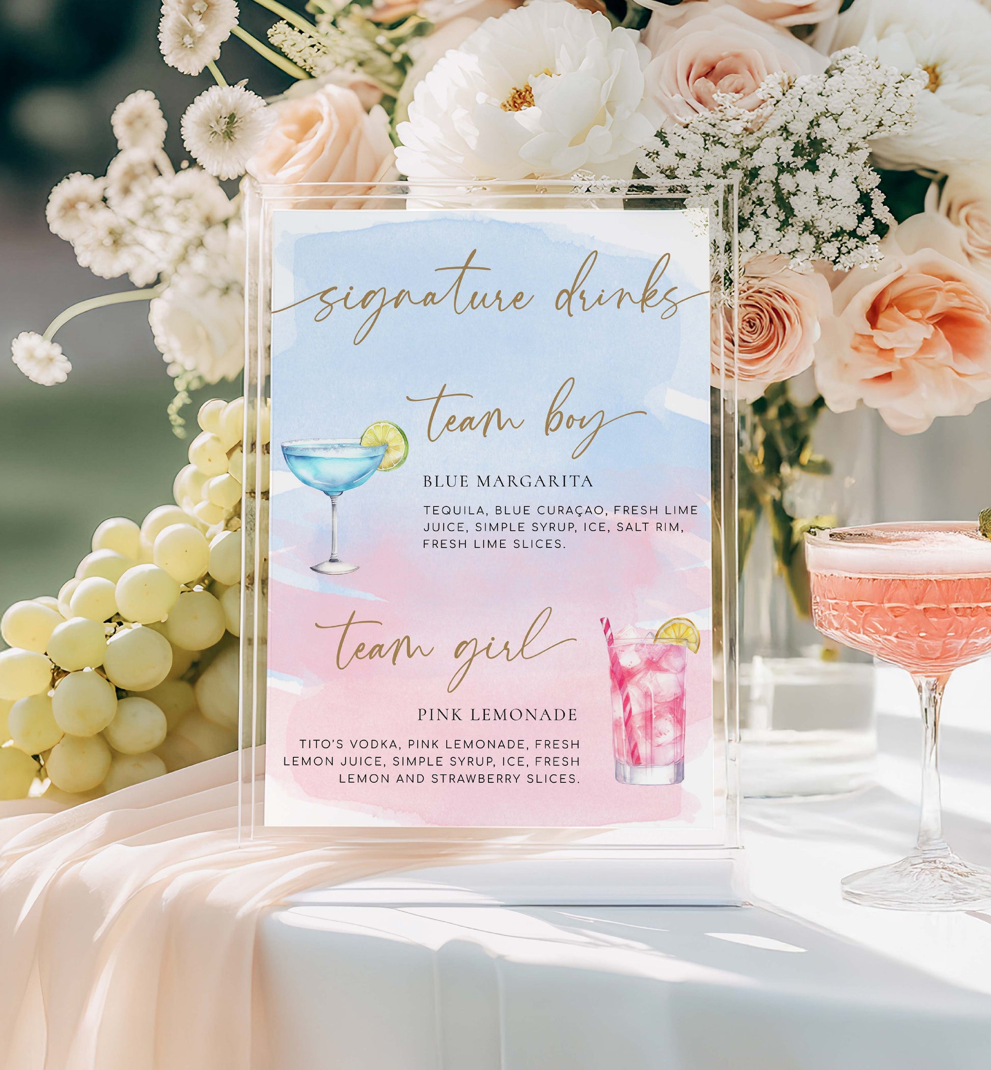Signature drinks menu card for a bridal shower with floral decorations and cocktails. Team Girl Team Boy Drinks Menu Sign, Pink Blue Watercolour, Printable Baby Shower Menu Bar Sign, Couples Shower Drinks Sign, Mocktails Sign