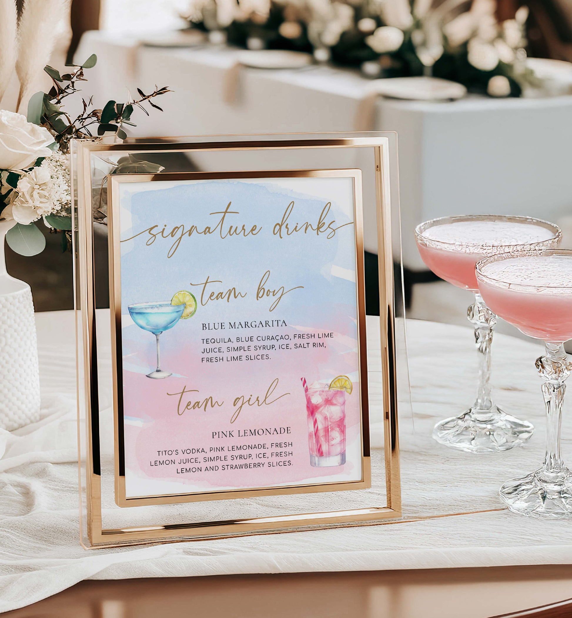 Framed sign with cocktail recipes on a table with drinks and flowers Team Girl Team Boy Drinks Menu Sign, Pink Blue Watercolour, Printable Baby Shower Menu Bar Sign, Couples Shower Drinks Sign, Mocktails Sign