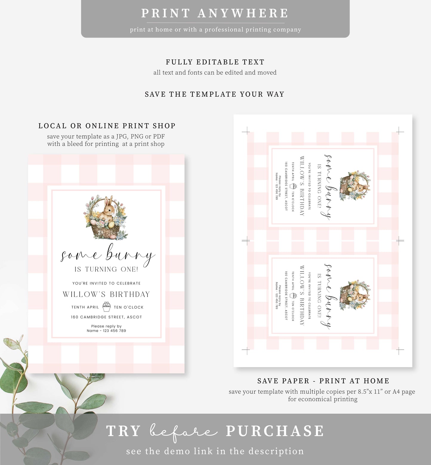 Gingham Pink | Printable Some Bunny First Birthday Invitation Template