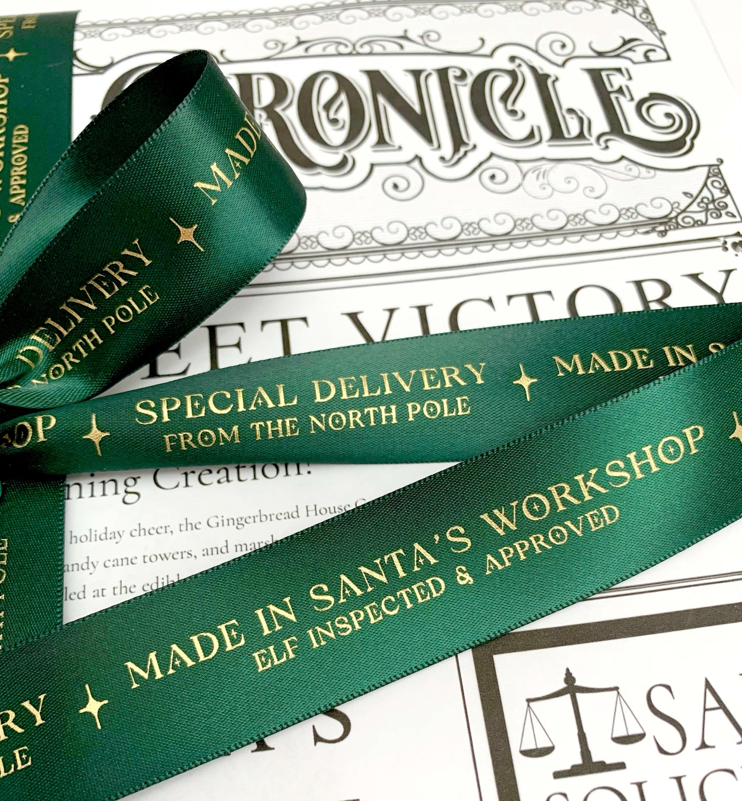 Special Delivery Made In Santa's Workshop Satin Ribbon, Green Gold, 25mm Woven Edge Satin Ribbon, Christmas Decorations Craft & Wrapping