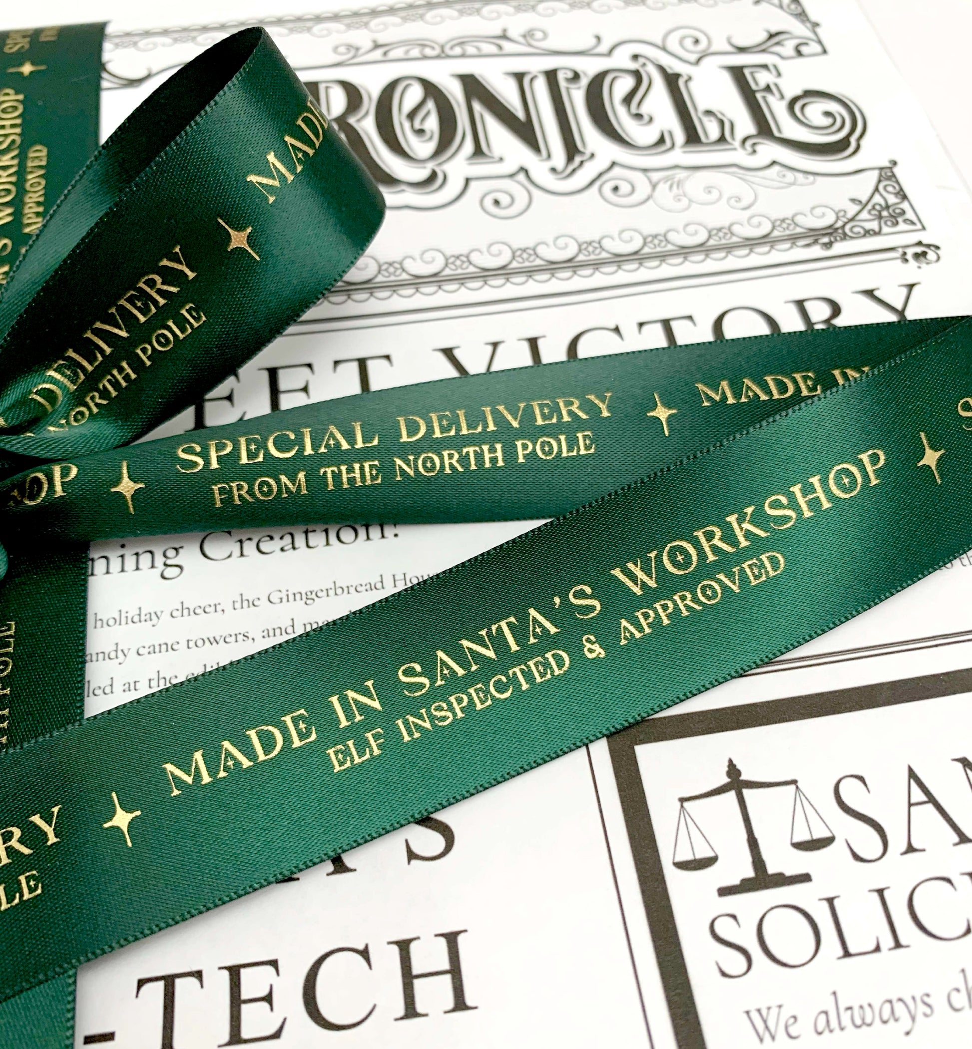 Special Delivery Made In Santa's Workshop Satin Ribbon, Green Gold, 25mm Woven Edge Satin Ribbon, Christmas Decorations Craft & Wrapping