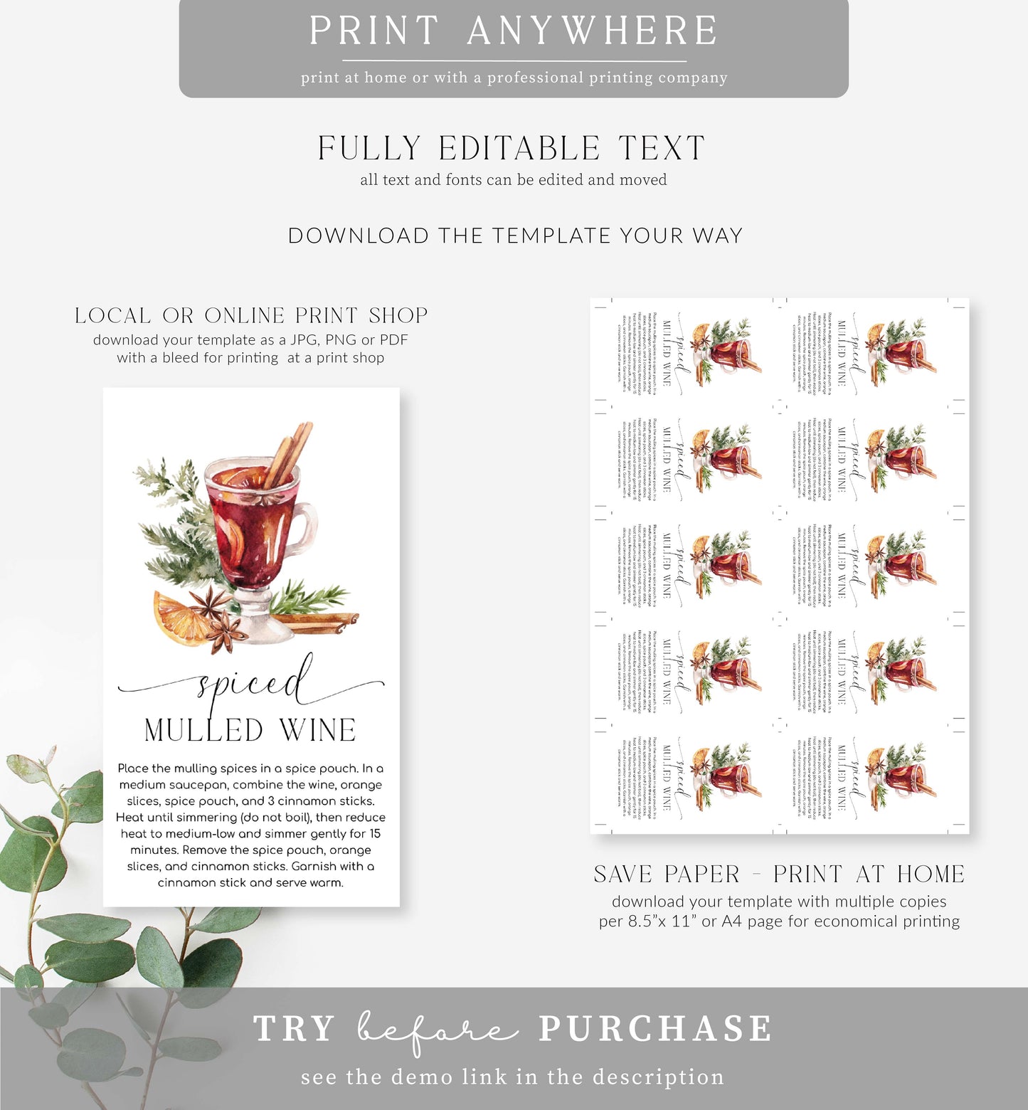 Nutmeg Noel | Printable Mulled Wine Kit Christmas Gift Tag Template
