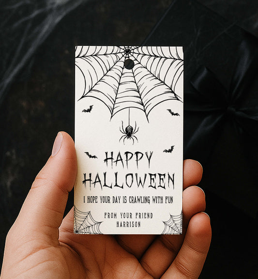 Happy Halloween Tags, Printable Trick Or Treat Tag, Halloween Spider Web, Crawling Day, Classroom Halloween, Costume Party Favor Tag