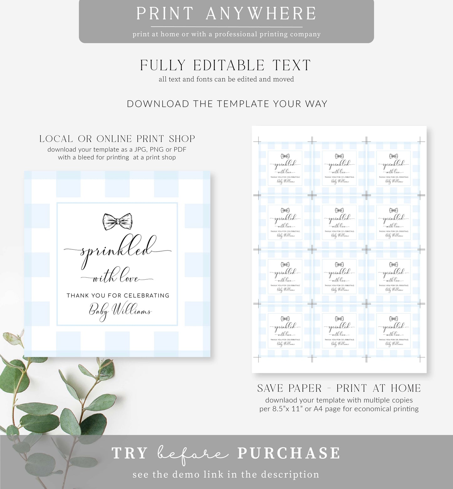 Gingham Blue Bow Tie | Printable Sprinkled With Love Favour Tag Template