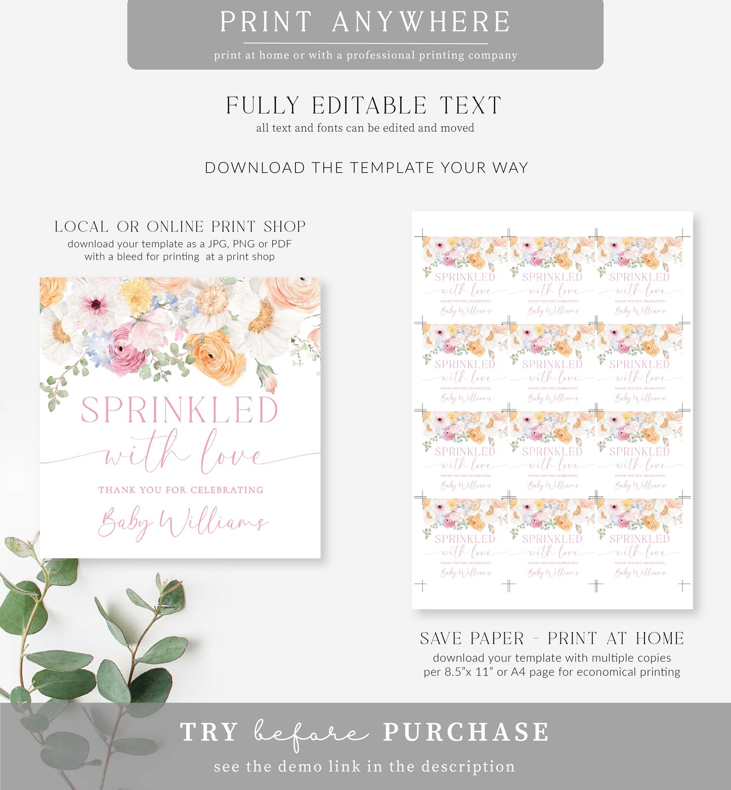 Millie Floral White | Printable Sprinkled With Love Favour Tag Template