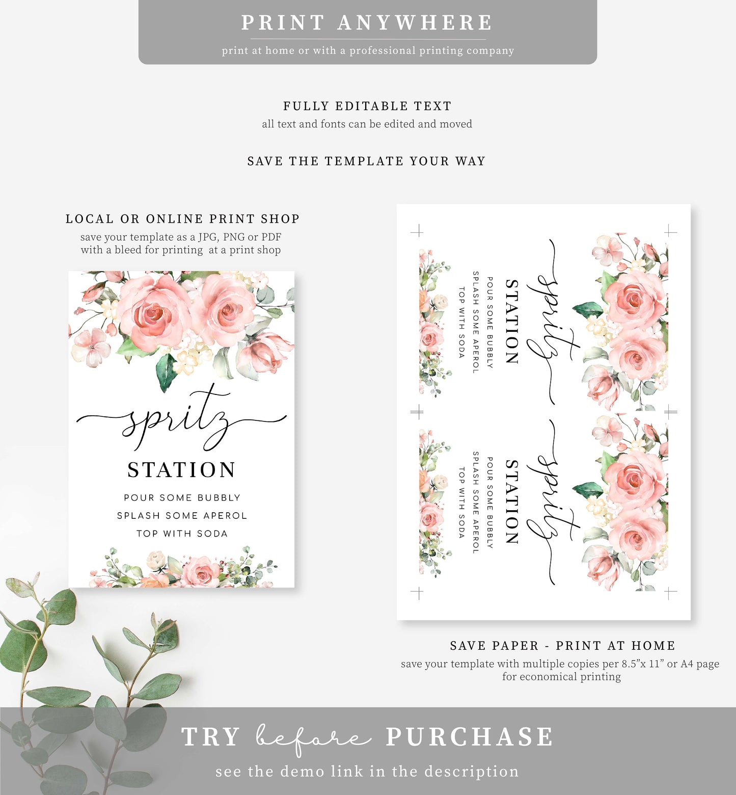 Darcy Floral Pink | Printable Spritz Station Sign Template