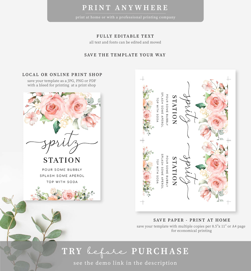 Darcy Floral Pink | Printable Spritz Station Sign Template – Black Bow ...