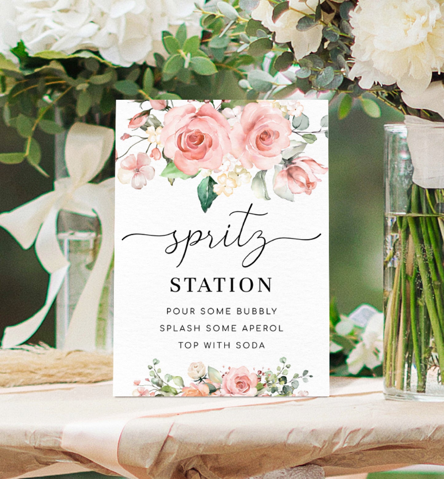 Spritz Station Sign, Printable Aperol Spritz Cocktail Sign, Blush Floral, Wedding Cocktail Bar Sign, Signature Drinks Sign, Darcy Pink