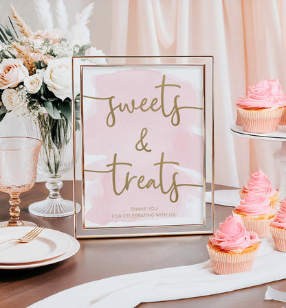 Table setting with 'sweets & treats' sign, pink cupcakes, and floral arrangement. Sweets and Treats Favors Sign, Pink Watercolour Printable Favours Sign, Gold Foil, Bridal and Baby Favors Shower Sign, Wedding Favors Sign