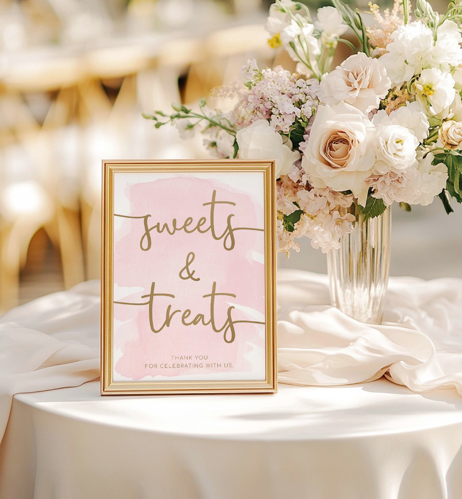Framed 'sweets & treats' sign on a table with floral arrangement. Sweets and Treats Favors Sign, Pink Watercolour Printable Favours Sign, Gold Foil, Bridal and Baby Favors Shower Sign, Wedding Favors Sign
