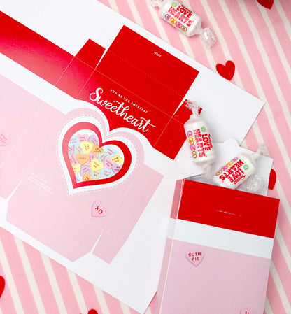 Valentine's Day-themed packaging with heart designs and candy on a pink background. Sweetheart Candy Valentine's Day Favor Box (DIY Printable Download)