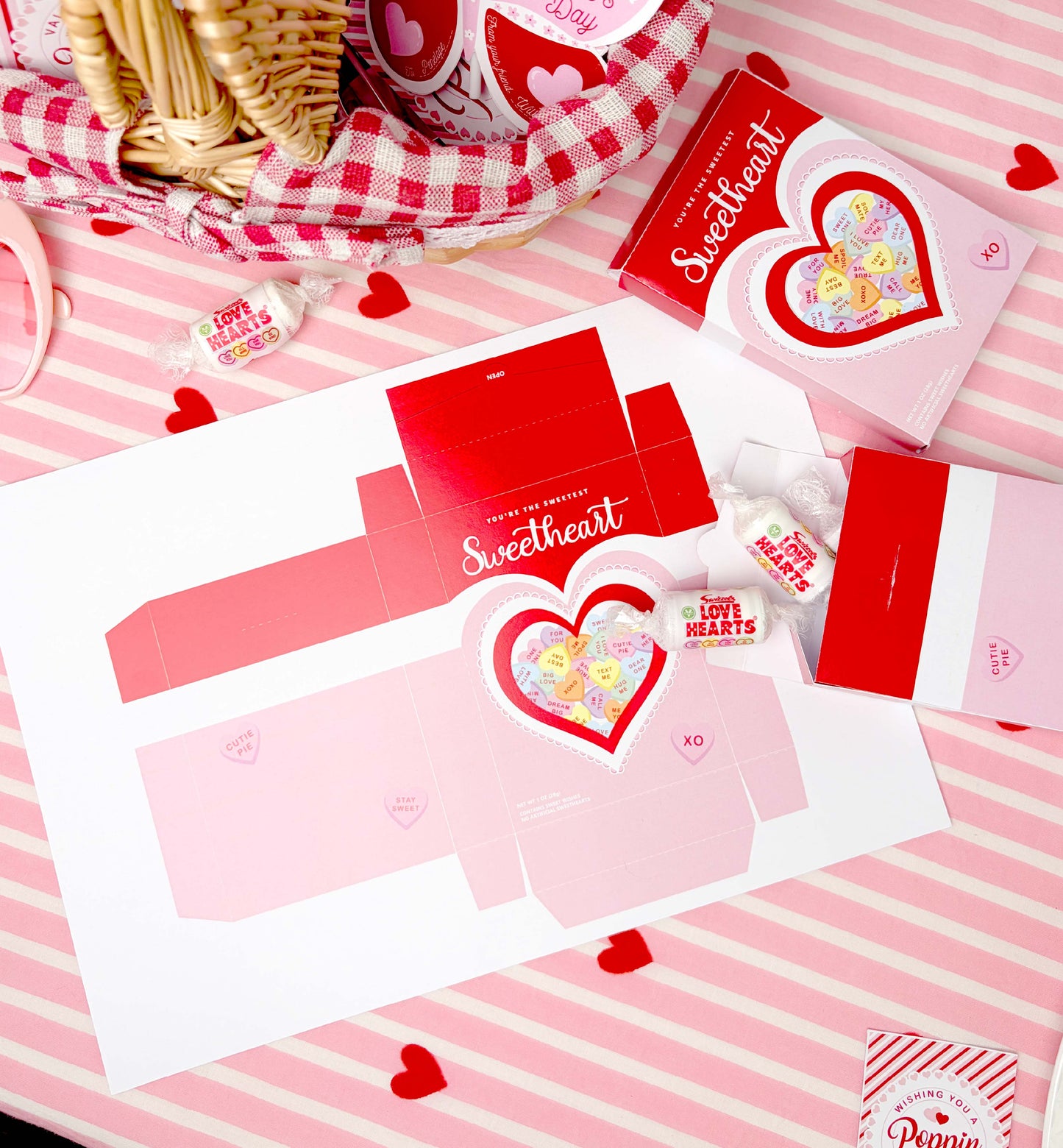 Valentine's Day-themed stationery items on a pink and white striped background. Sweetheart Candy Valentine's Day Favor Box (DIY Printable Download)