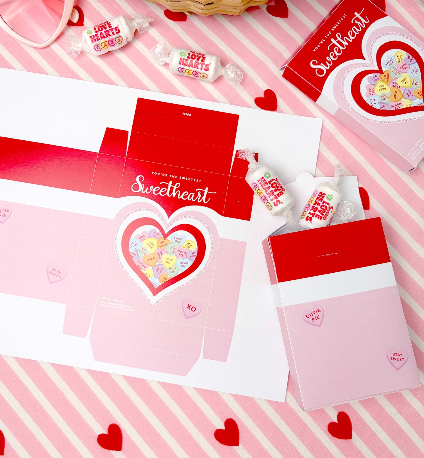 Valentine's Day-themed packaging with 'Sweetheart' text and candy on a pink and white striped background. Sweetheart Candy Valentine's Day Favor Box (DIY Printable Download)