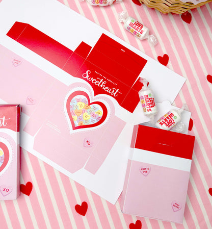 Valentine's Day-themed packaging with heart designs and candy on a pink and white striped background. Sweetheart Candy Valentine's Day Favor Box (DIY Printable Download)