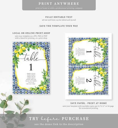 Positano Lemons | Printable Table Numbers Template