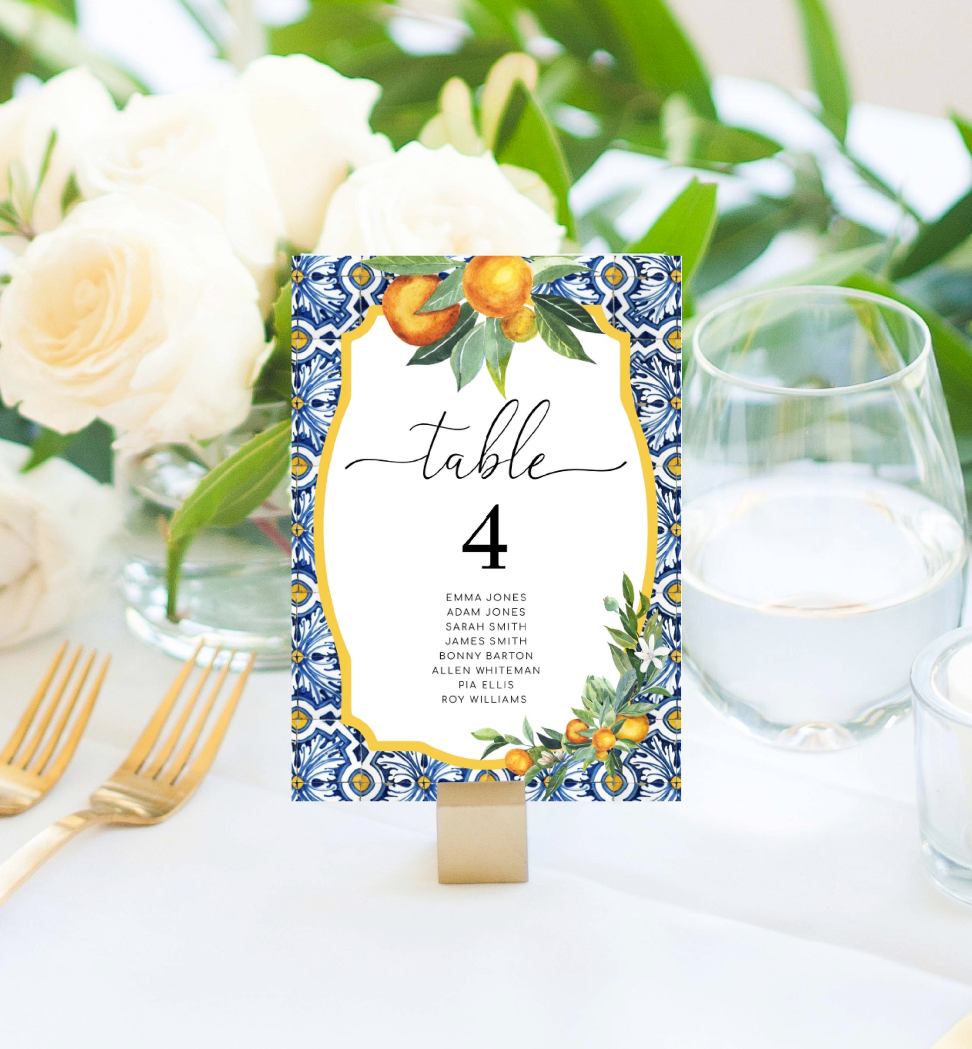 Printable Table Seating Chart Printable, Positano Blue Tile Orange Wedding Printable Table Numbers with Guest Names, Printable Seating Plan