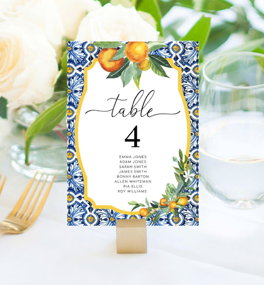 Printable Table Seating Chart Printable, Positano Blue Tile Orange Wedding Printable Table Numbers with Guest Names, Printable Seating Plan