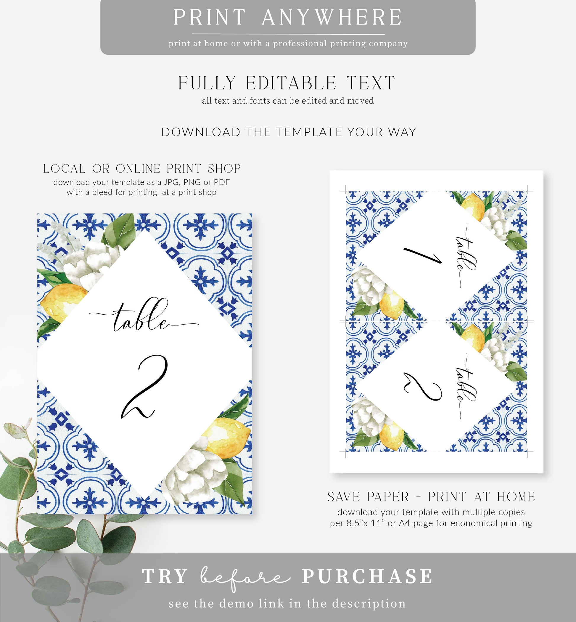 Printable Guest Name Table Numbers, Mediterranean Blue Tile Lemons, Printable Wedding Table Numbers, Editable Seating Chart Cards, The Med