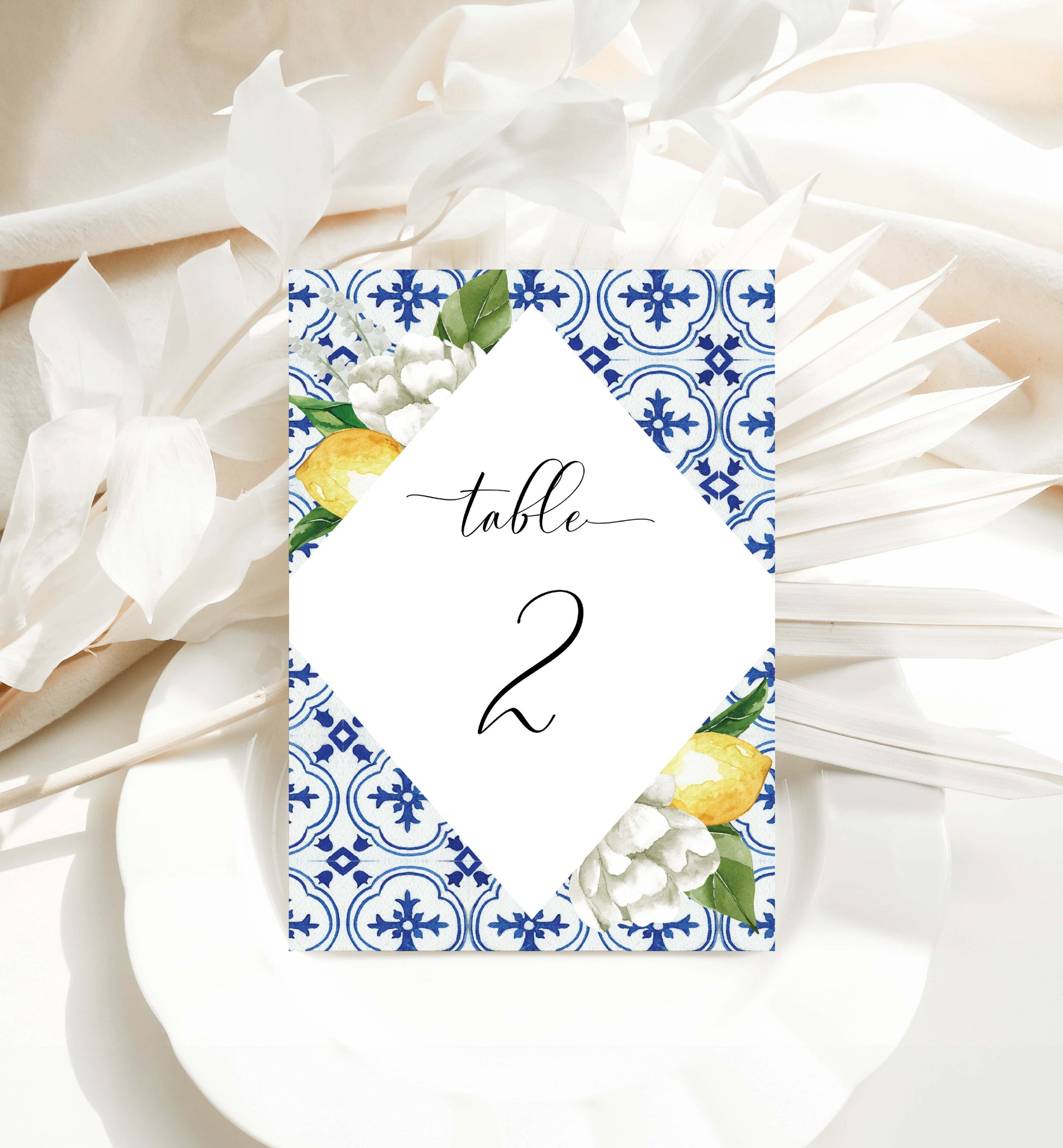 Printable Guest Name Table Numbers, Mediterranean Blue Tile Lemons, Printable Wedding Table Numbers, Editable Seating Chart Cards, The Med