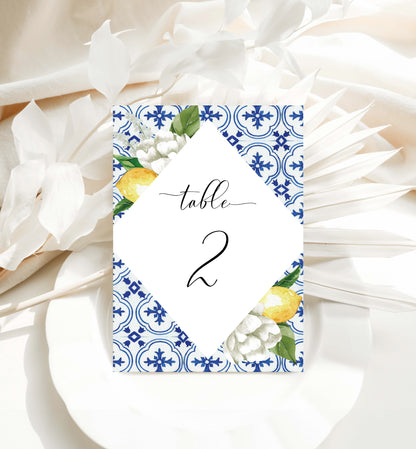 Printable Guest Name Table Numbers, Mediterranean Blue Tile Lemons, Printable Wedding Table Numbers, Editable Seating Chart Cards, The Med