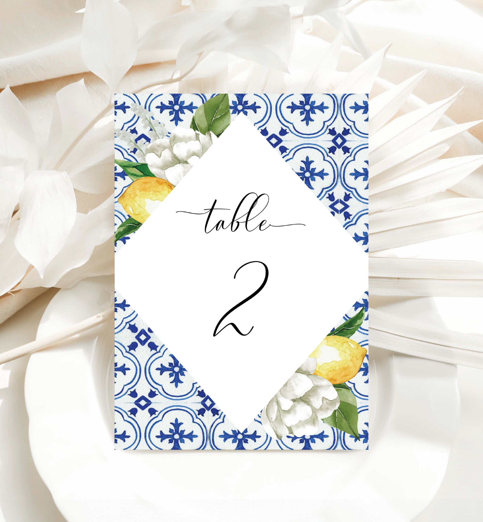 Printable Guest Name Table Numbers, Mediterranean Blue Tile Lemons, Printable Wedding Table Numbers, Editable Seating Chart Cards, The Med