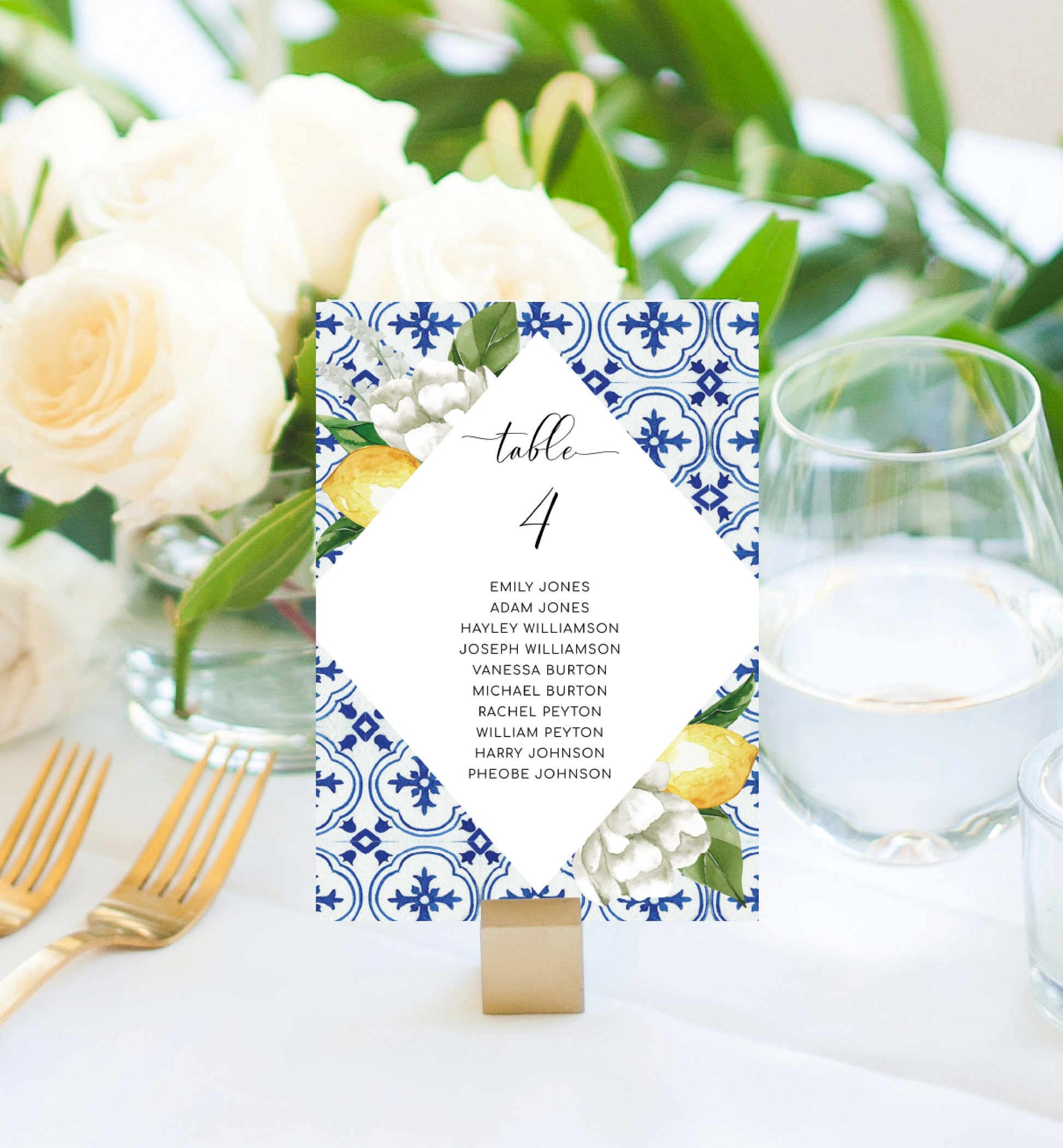 Printable Guest Name Table Numbers, Mediterranean Blue Tile Lemons, Printable Wedding Table Numbers, Editable Seating Chart Cards, The Med