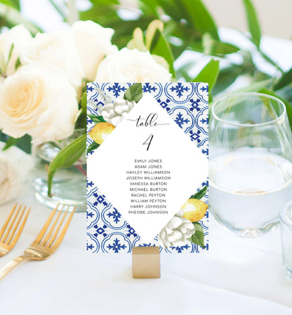 Printable Guest Name Table Numbers, Mediterranean Blue Tile Lemons, Printable Wedding Table Numbers, Editable Seating Chart Cards, The Med