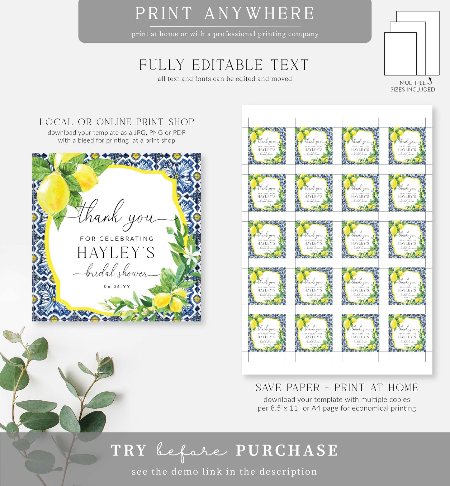 Positano Lemons | Printable Thank You Favour Tags Template