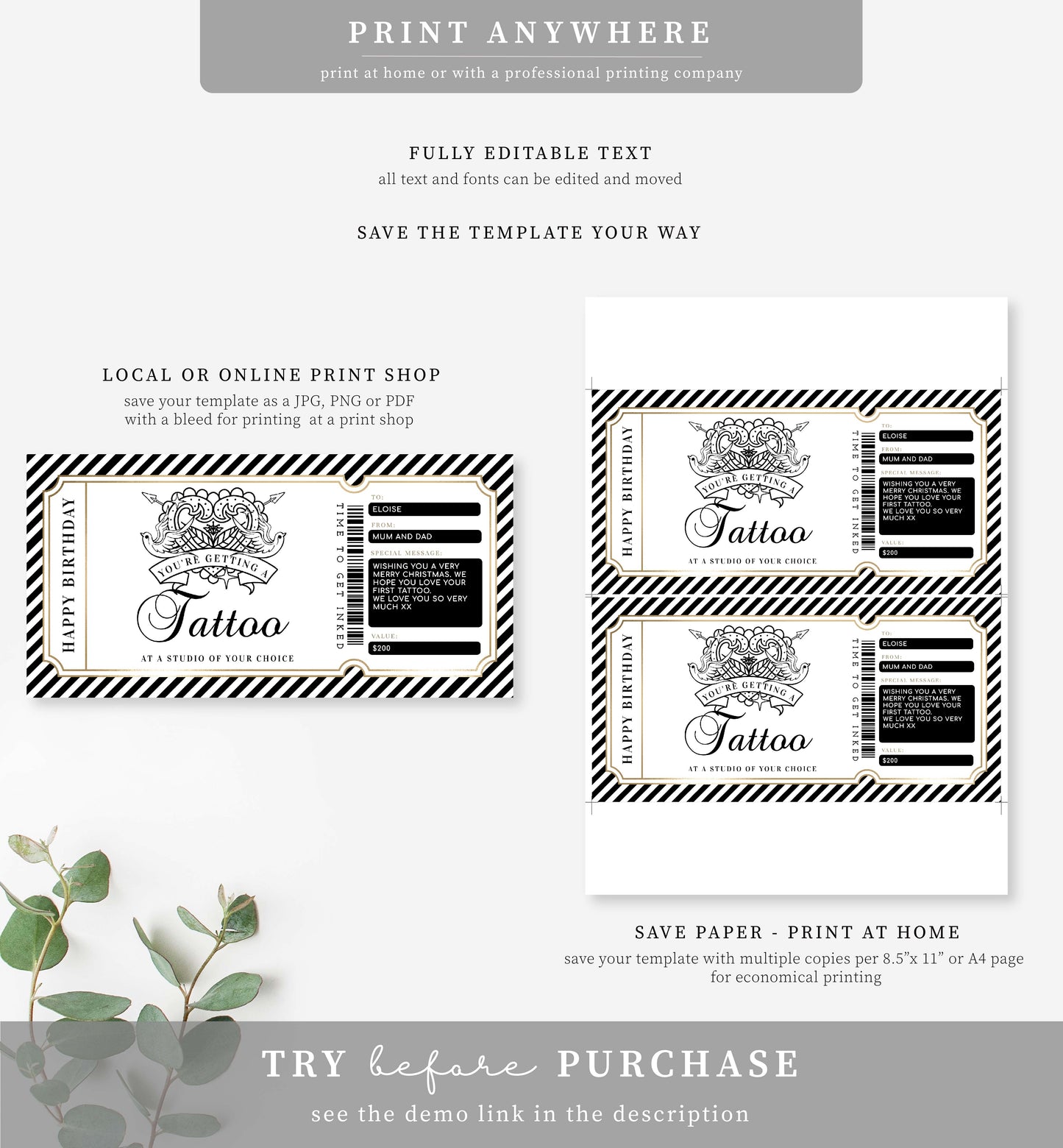 Stripe Black Gold | Printable Tattoo Custom Gift Voucher Template