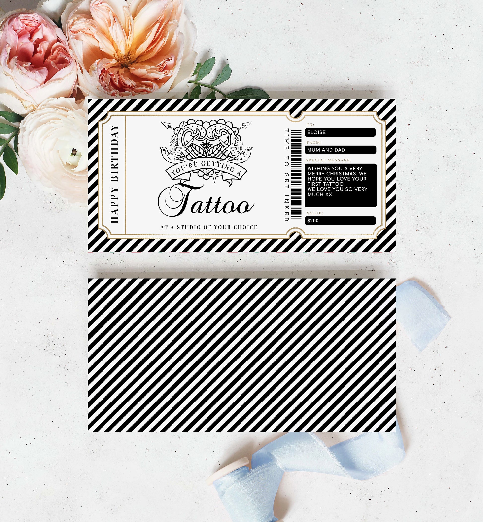 Printable Tattoo Gift Voucher Template, Fully Custom Tattoo Gift Certificate, Editable Tattoo Birthday Present, Stripe