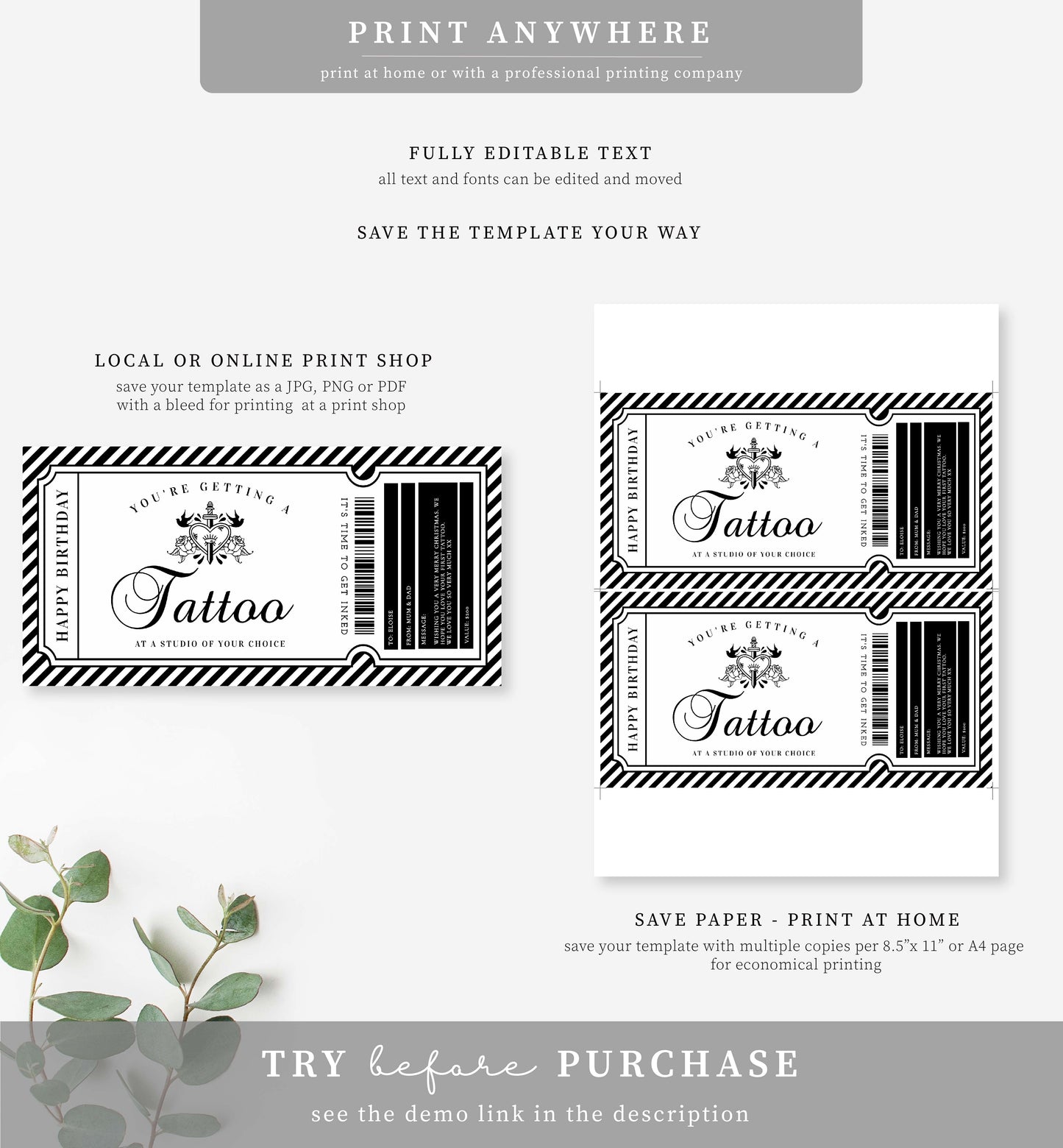 Stripe Black | Printable Tattoo Custom Gift Voucher Template