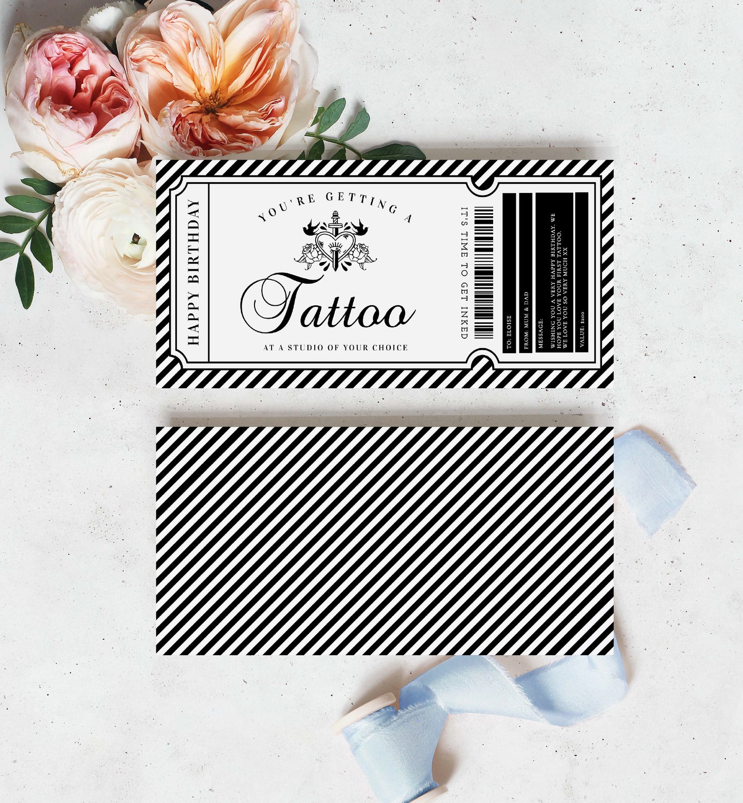 Printable Tattoo Gift Voucher Template, Fully Custom Tattoo Fake Gift Certificate, Editable Tattoo Birthday Present, Stripe