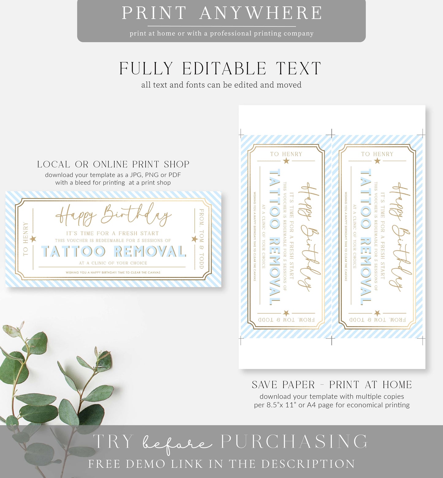 Stripe Blue | Printable Tattoo Removal Custom Gift Voucher Template