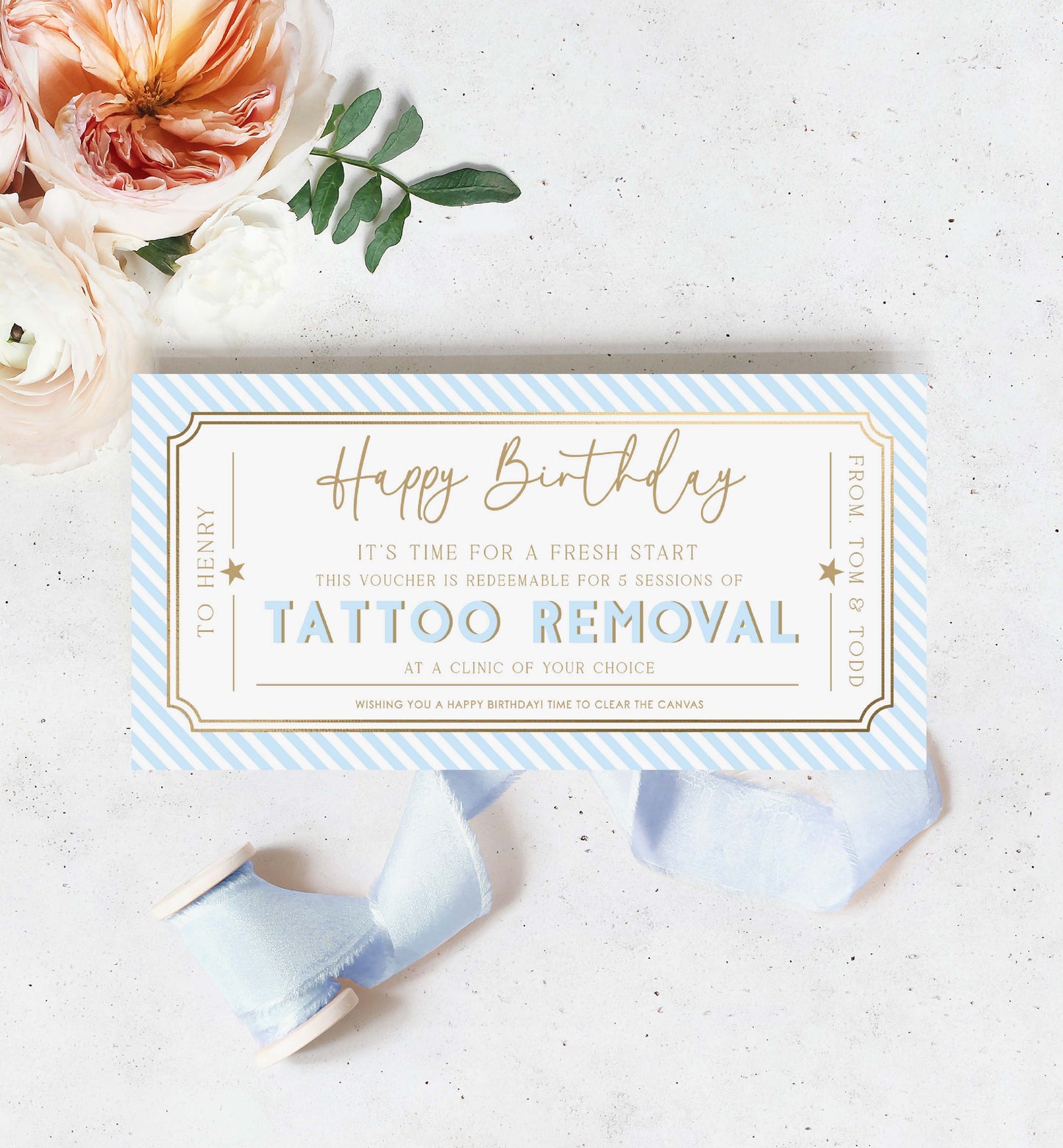 Stripe Blue | Printable Tattoo Removal Custom Gift Voucher Template