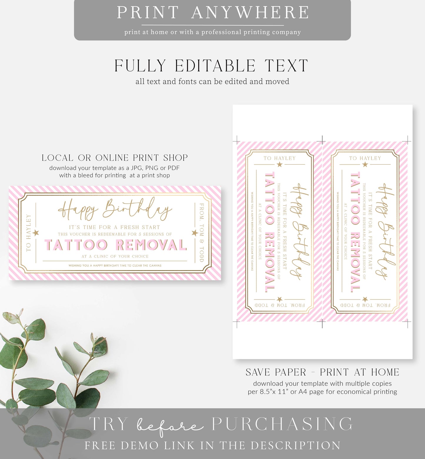 Stripe Pink | Printable Tattoo Removal Custom Gift Voucher Template