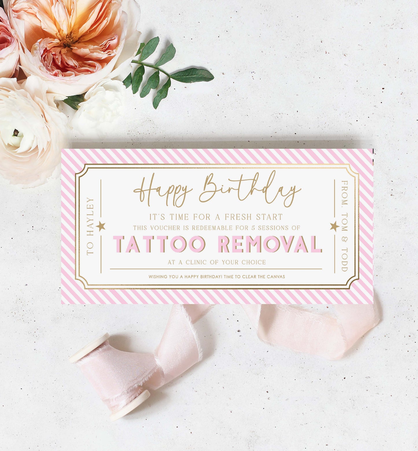 Stripe Pink | Printable Tattoo Removal Custom Gift Voucher Template