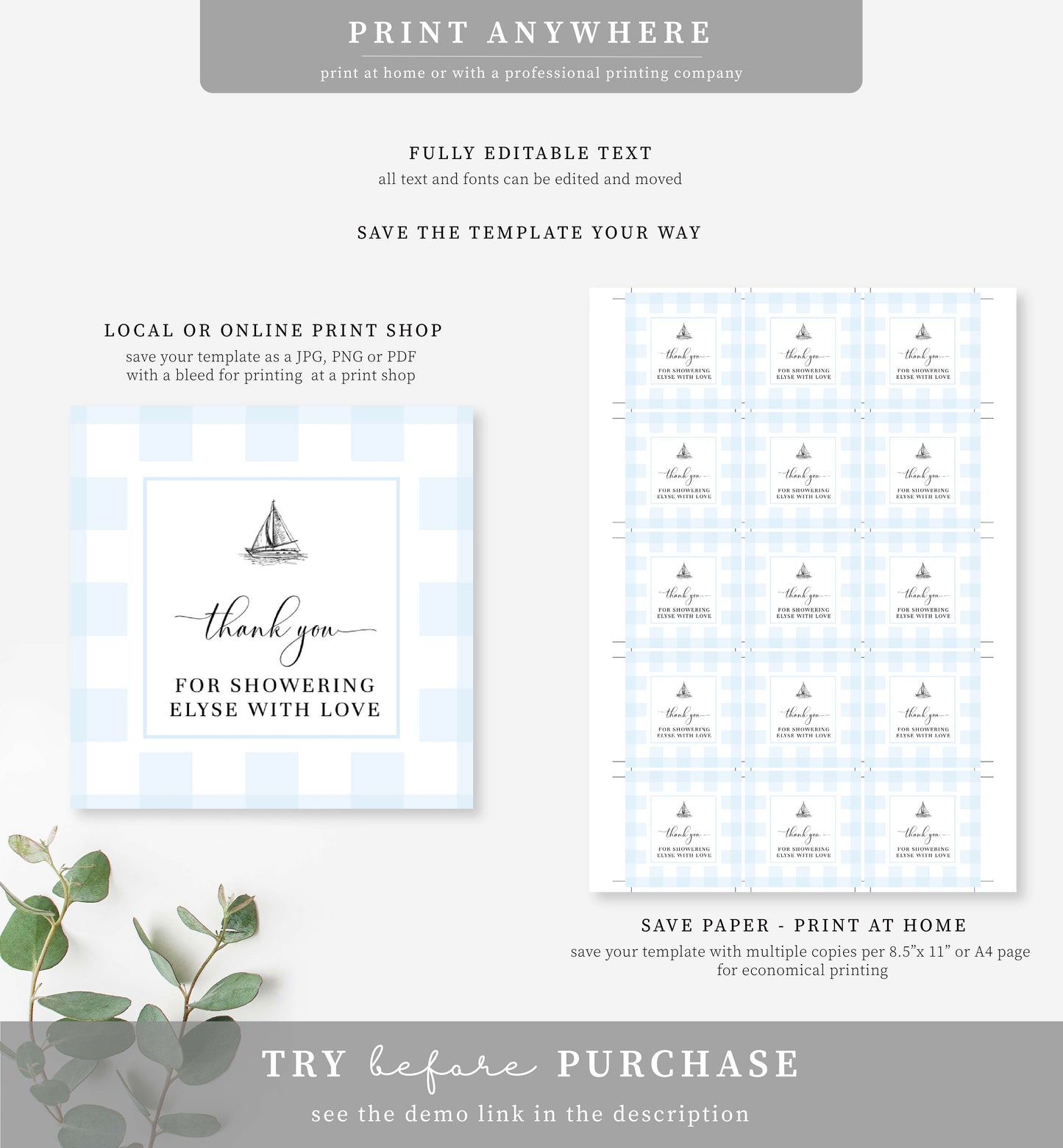 Gingham Blue Sailing Boat | Printable Thank You Favour Tag Template