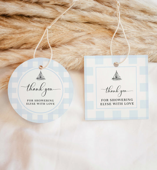 Gingham Blue Sailing Boat | Printable Thank You Favour Tag Template