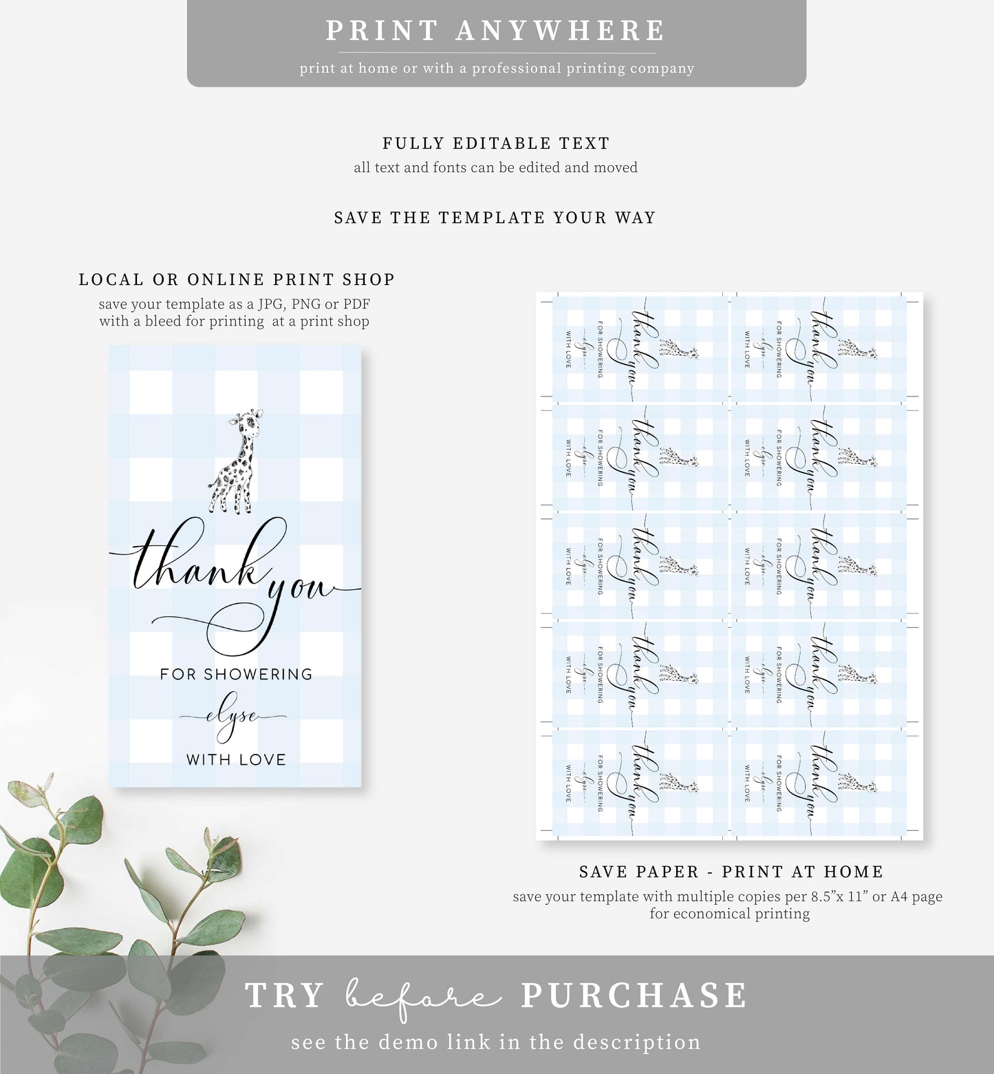 Gingham Blue Giraffe | Printable Thank You Favour Tag Template