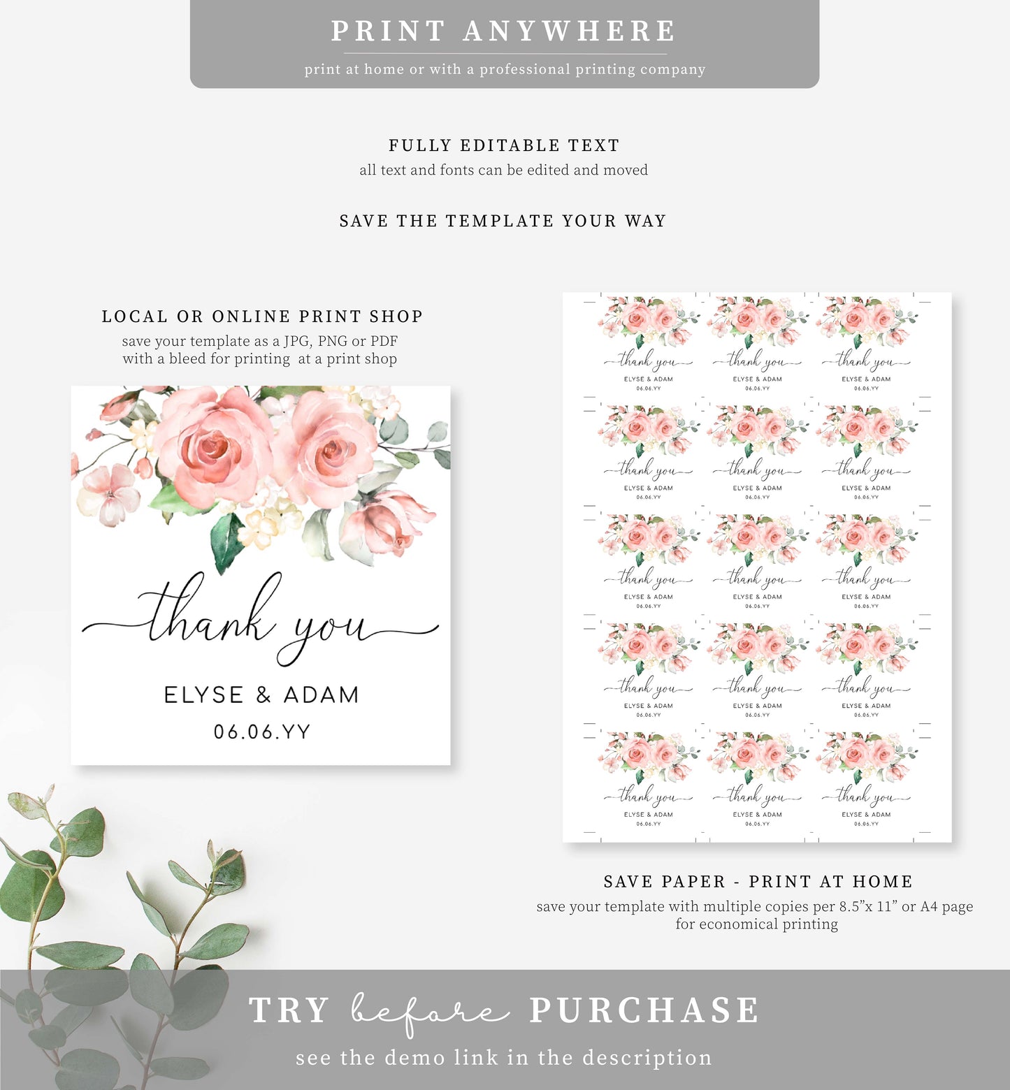 Darcy Floral Pink | Printable Thank You Favour Tags Template