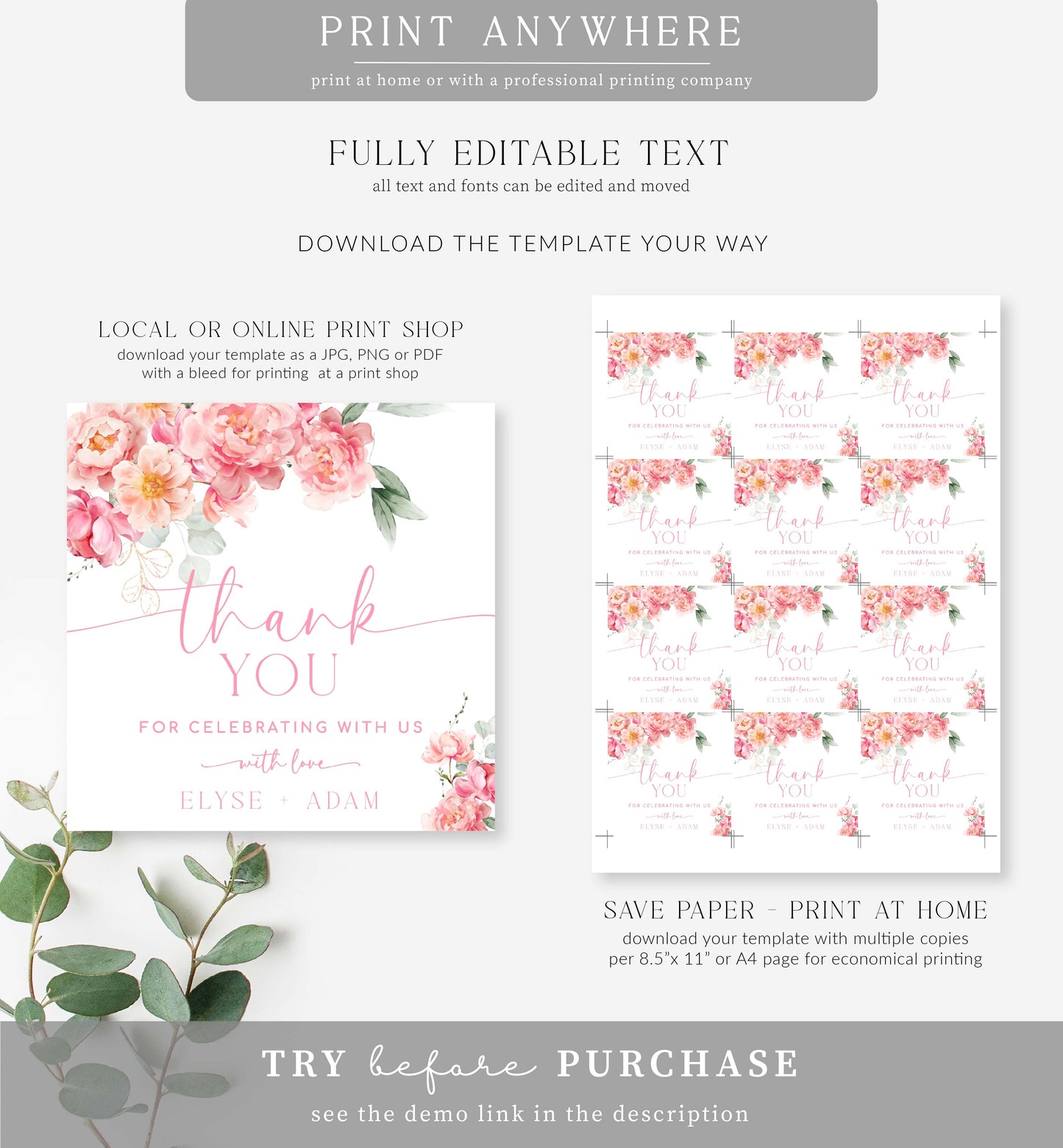 Piper Floral White | Printable Thank You Favour Tags Template