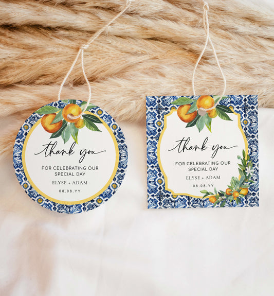 Printable Thank You Favor Tag, Italian Positano Oranges, Wedding Thank You Favor Tag, Blue Majolica Tile, Bridal & Baby Shower Favor Tag