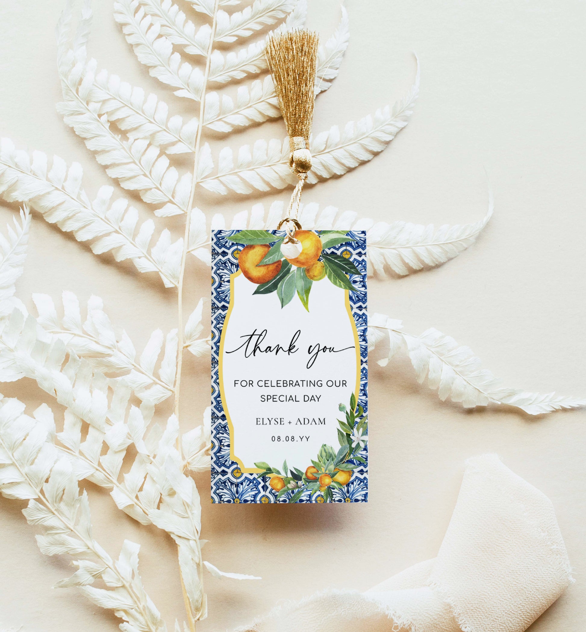 Printable Thank You Favor Tag, Italian Positano Oranges, Wedding Thank You Favor Tag, Blue Majolica Tile, Bridal & Baby Shower Favor Tag