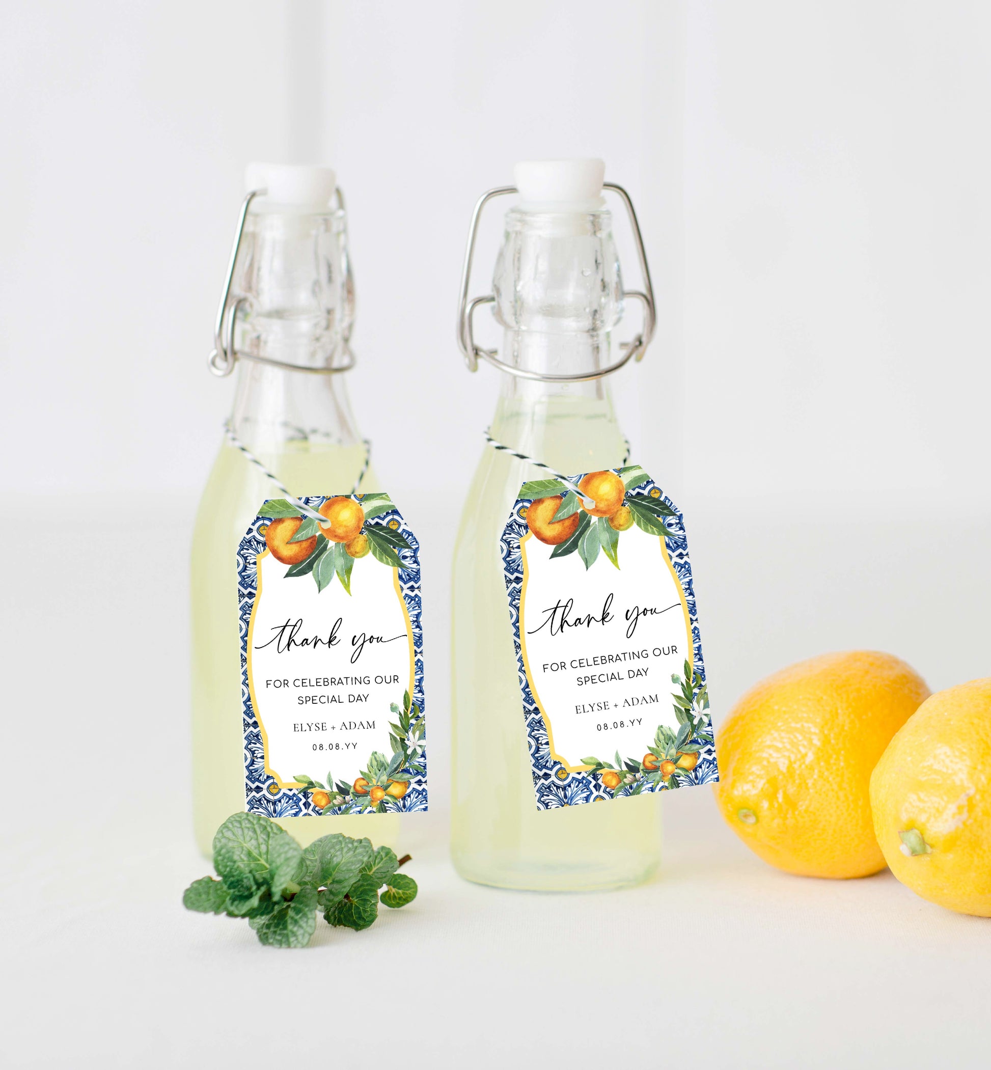 Printable Thank You Favor Tag, Italian Positano Oranges, Wedding Thank You Favor Tag, Blue Majolica Tile, Bridal & Baby Shower Favor Tag